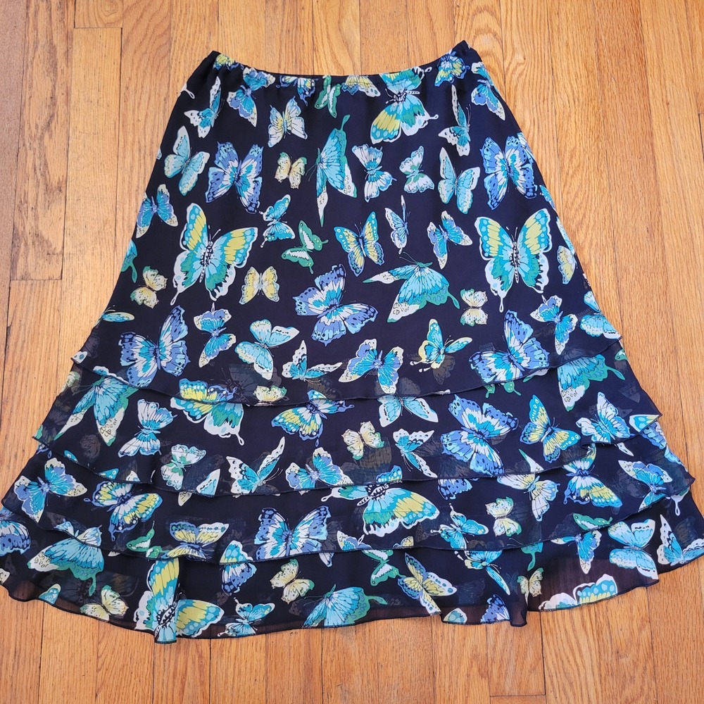 Josephine 10P Midi Skirt Navy Butterfly‎ Tiered Ruffle Chiffon Y2K Dainty Summer